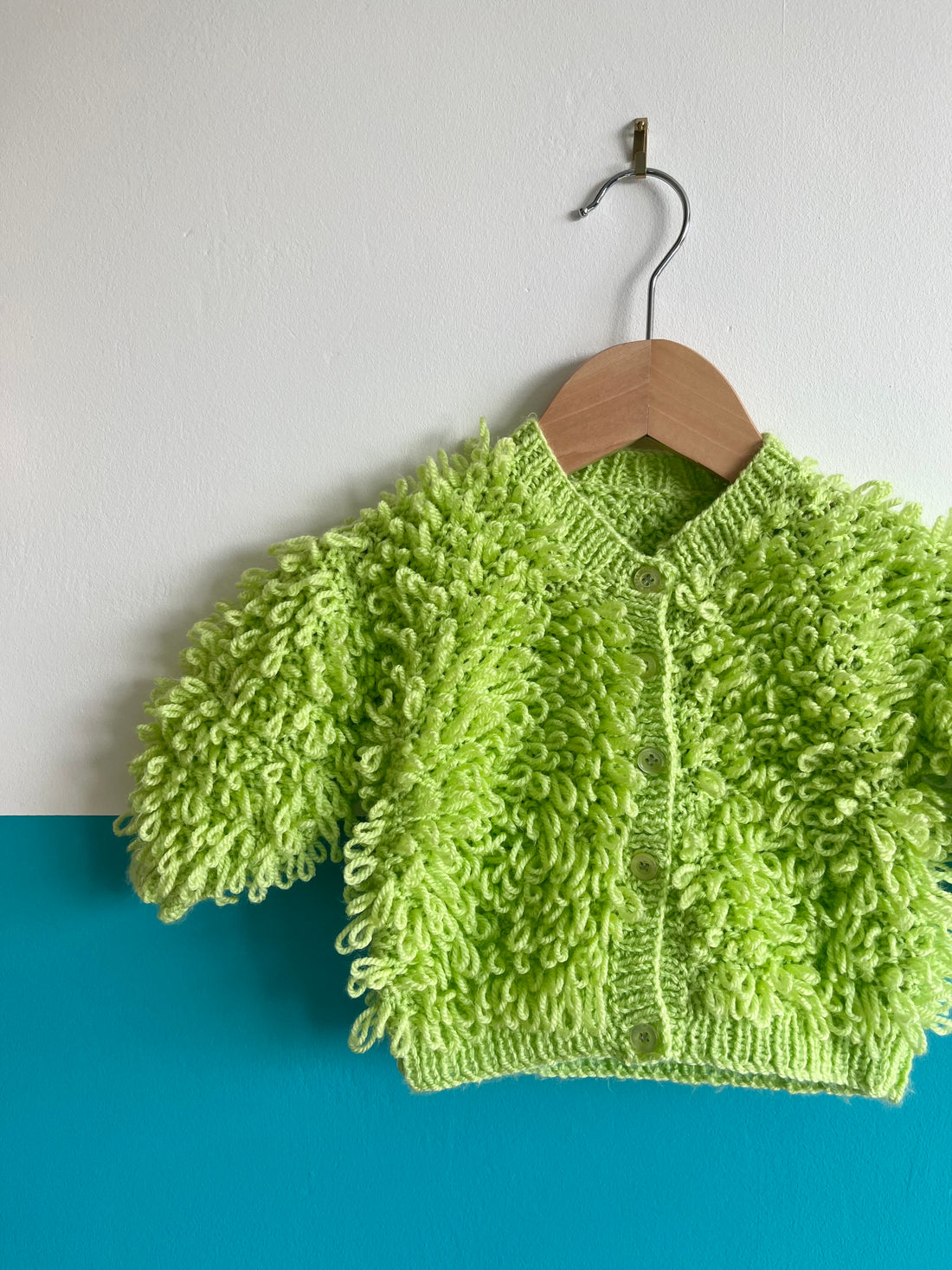 Lime Green Hand Knitted Loop Cardigan ~ 3-6 Months