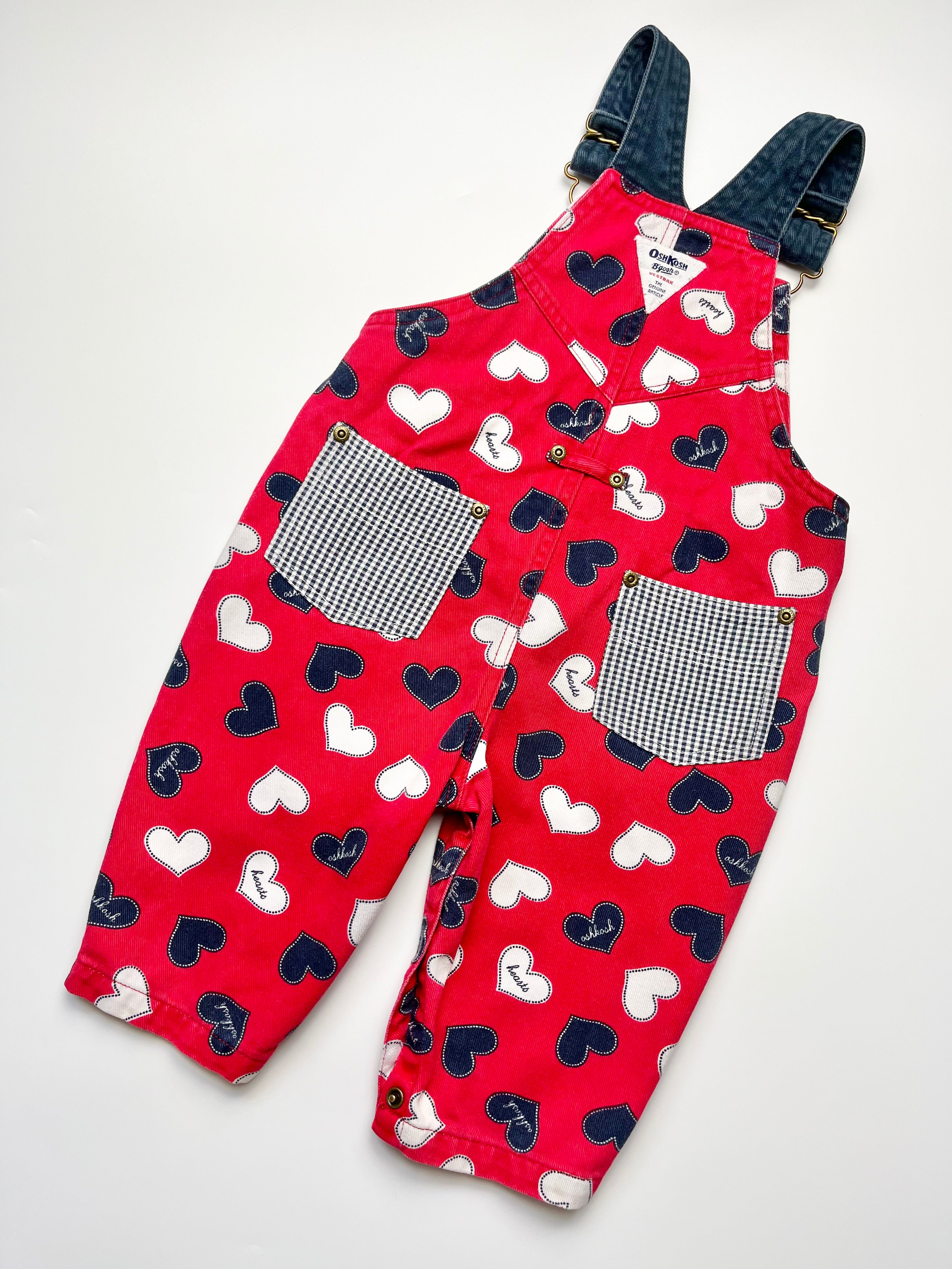 Hard To Find Vintage OshKosh Heart Print Red Dungarees ~ 12-18 Months