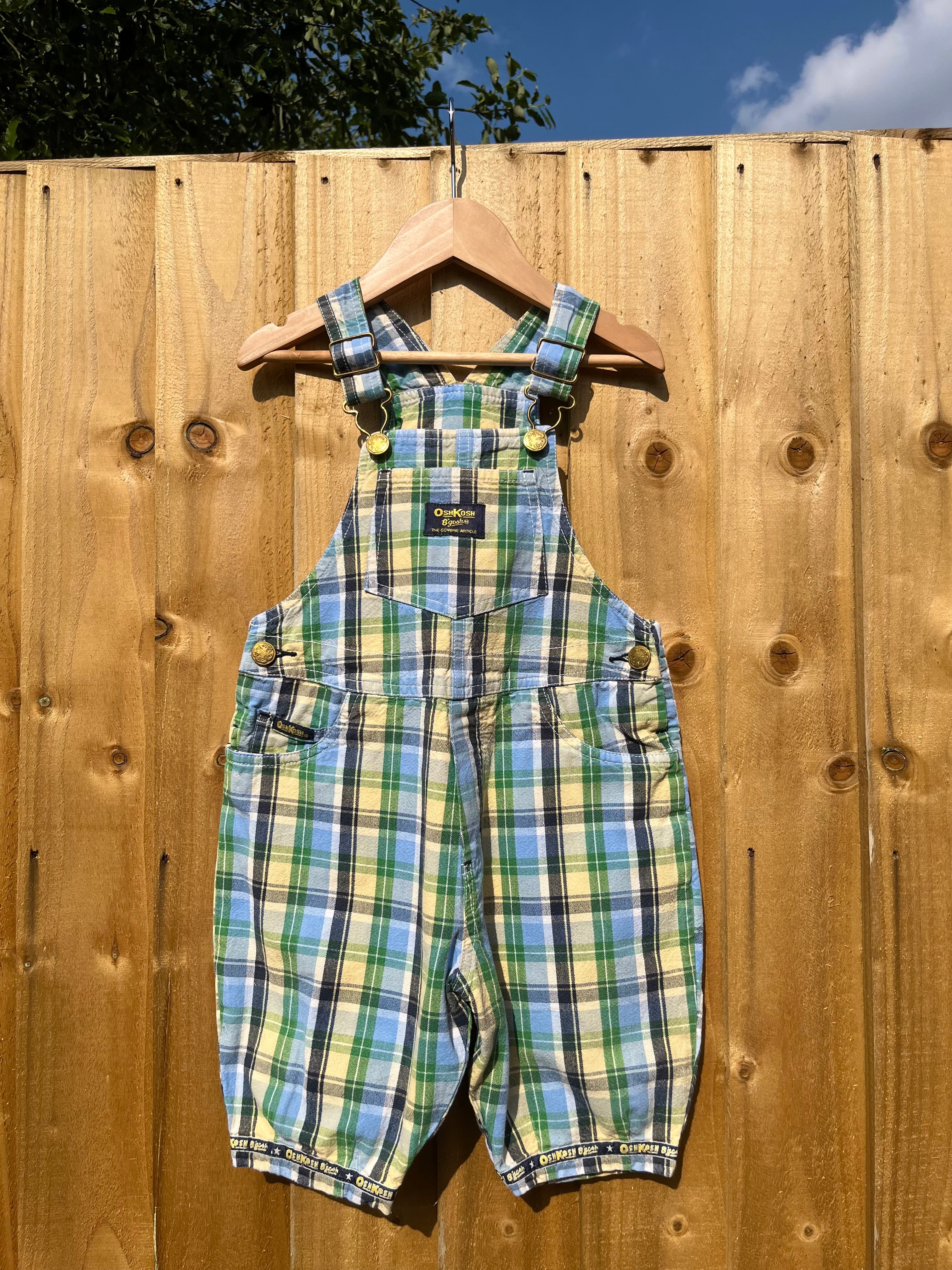Vintage OshKosh Blue, Green &amp; Yellow Check Shortalls ~ 2-3 Years