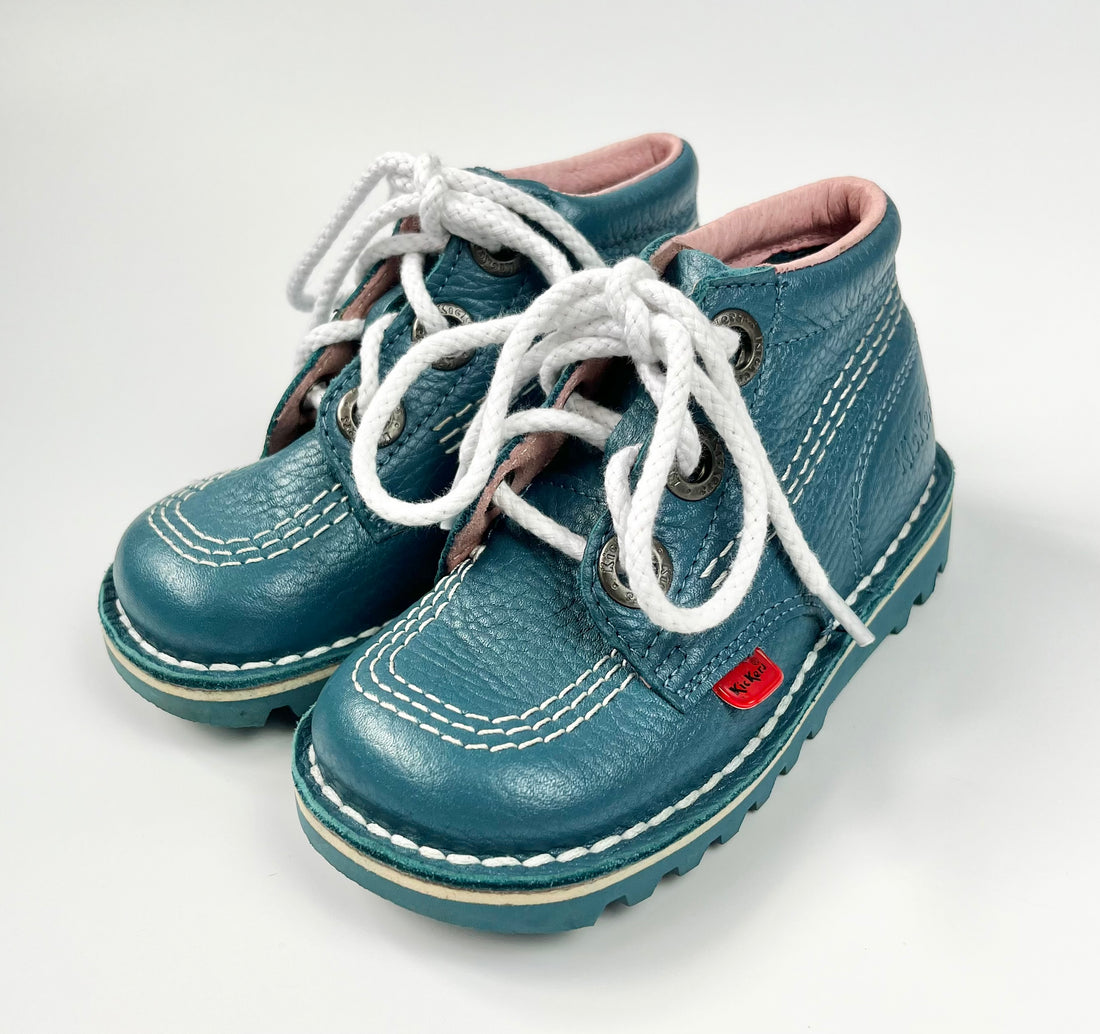 Kickers Teal Blue Leather Lace-Up Boots ~ UK Infant Size 8 1/2