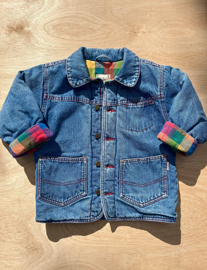 Vintage Padded Thick Denim Jacket W/ Multi-Check Lining ~ 2-3 Years