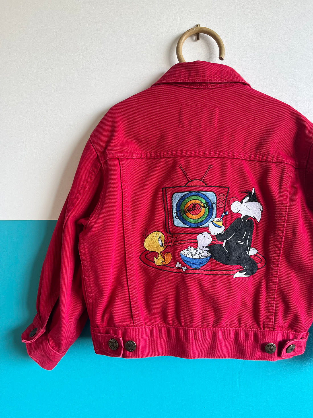 Vintage Looney Tunes Back Patch Red Denim Jacket ~ 4-7 Years