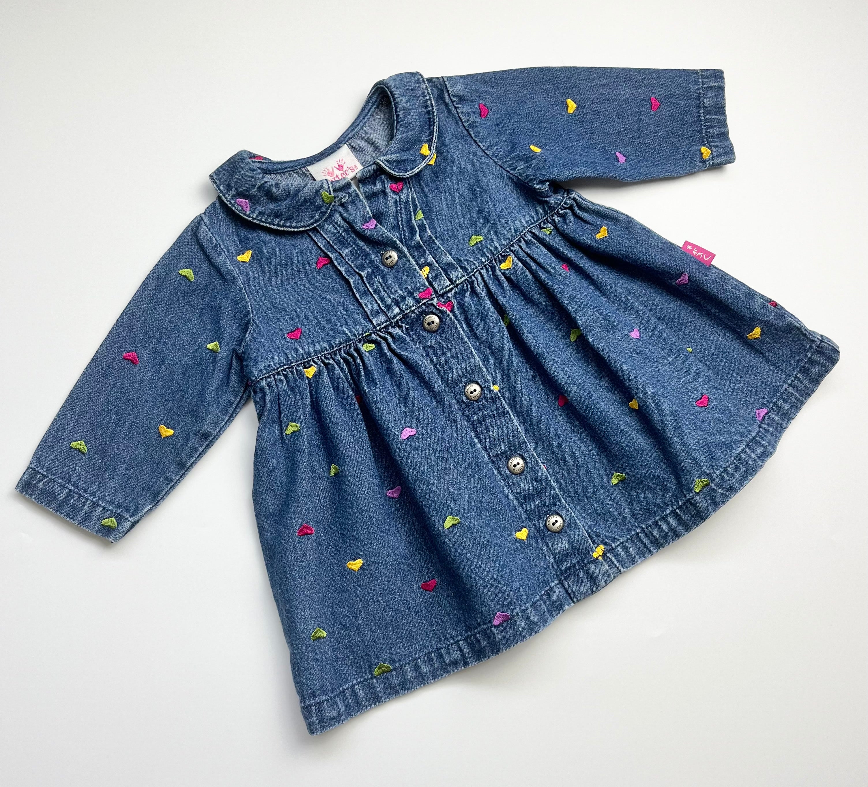 Vintage Carters Denim Button Down Dress With Embroidered Hearts ~ 9-12 months