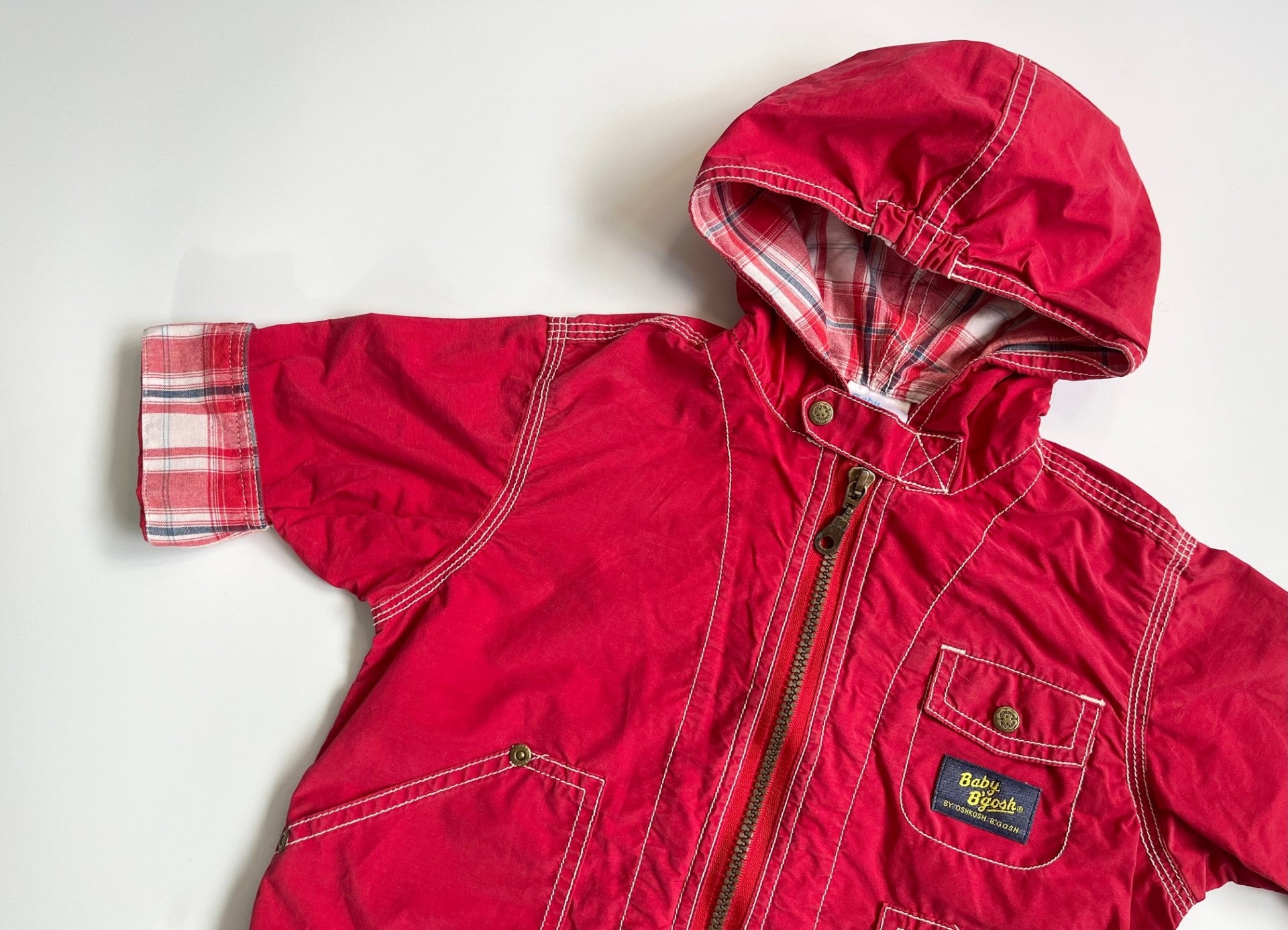 Vintage OshKosh Red Windbreaker With Check Detailing ~ 12-18 Months