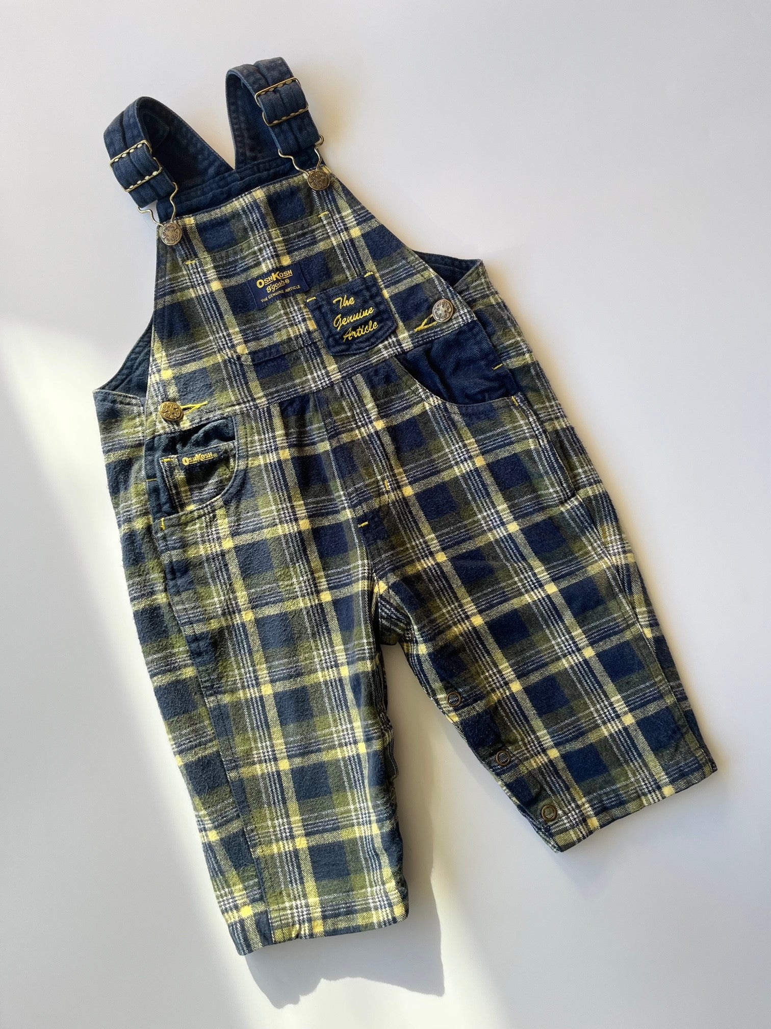 Retro OshKosh Navy &amp; Yellow Check Dungarees ~ 12-18 Months