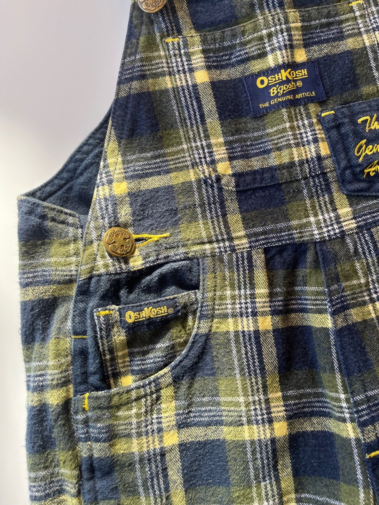 Retro OshKosh Navy &amp; Yellow Check Dungarees ~ 12-18 Months