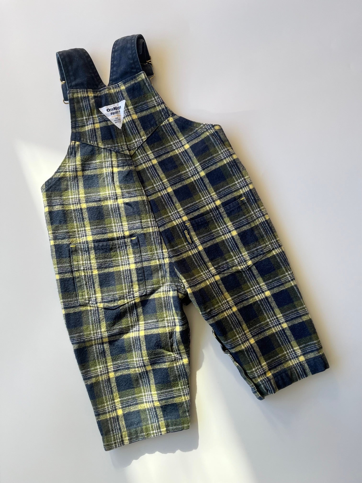 Retro OshKosh Navy &amp; Yellow Check Dungarees ~ 12-18 Months