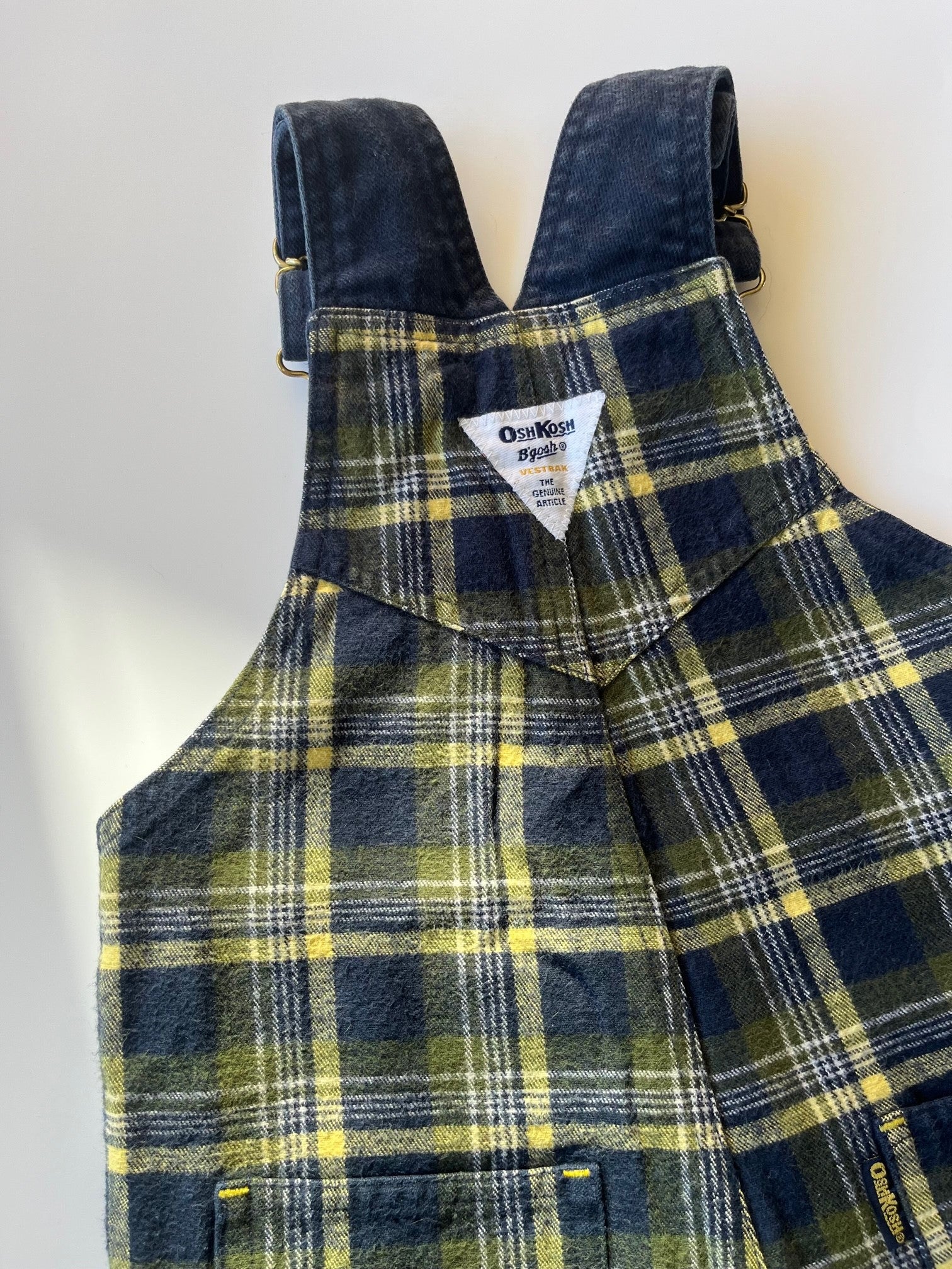 Retro OshKosh Navy &amp; Yellow Check Dungarees ~ 12-18 Months