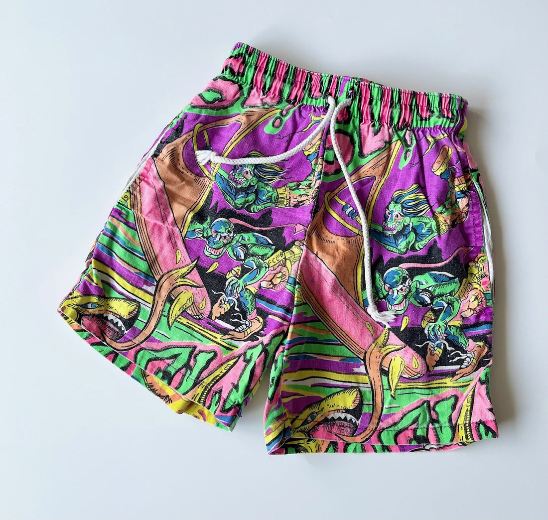 Rad Vintage Neon Patterned Swim Shorts / Day Shorts, With Cord ~ 1-2 Years