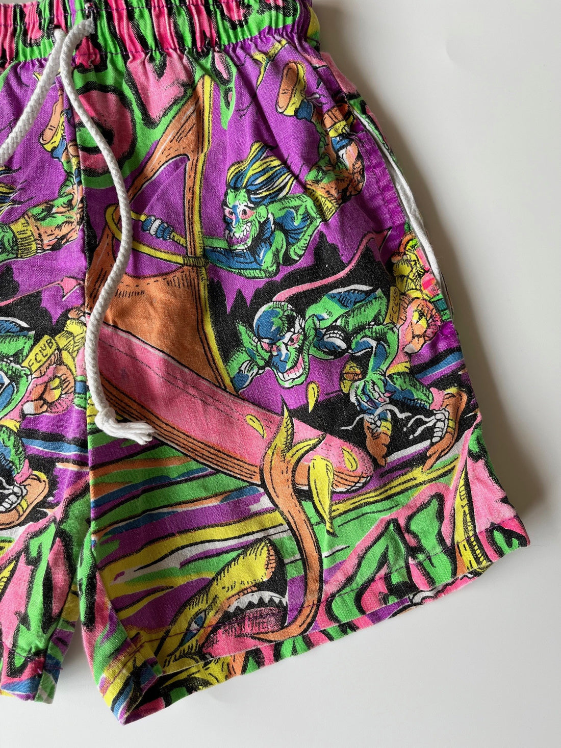 Rad Vintage Neon Patterned Swim Shorts / Day Shorts, With Cord ~ 1-2 Years