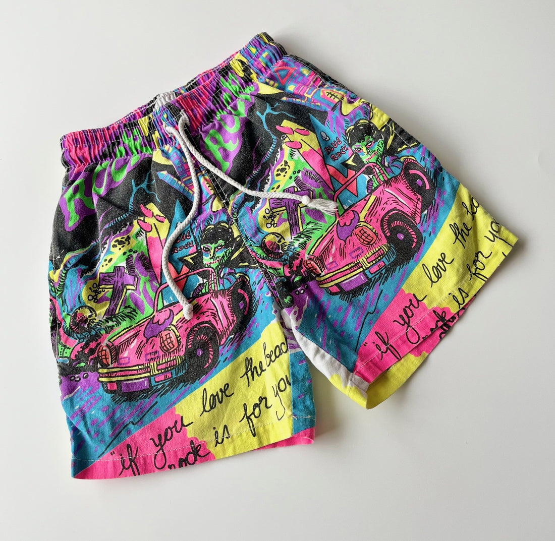 Rad Vintage Neon Car Swim Shorts / Day Shorts, With Cord ~ 1-2 Years